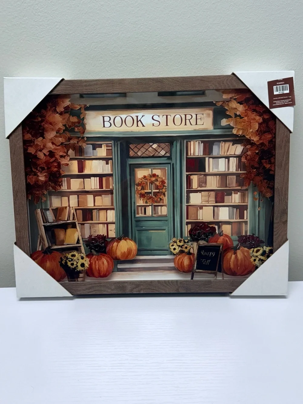 Hobby Lobby Framed Fall Bookstore Art - Green Door, Orange Pumpkins New! 2026